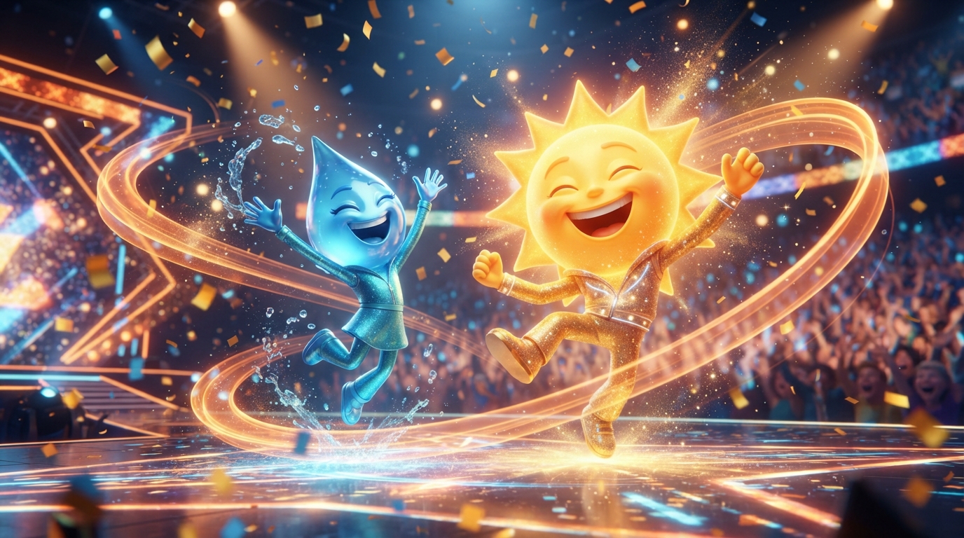 Cinematic animated music-video still of a joyful sun character and a bouncy raindrop character dancing on a glowing stage with sweeping tangerine light ribbons and confetti.
