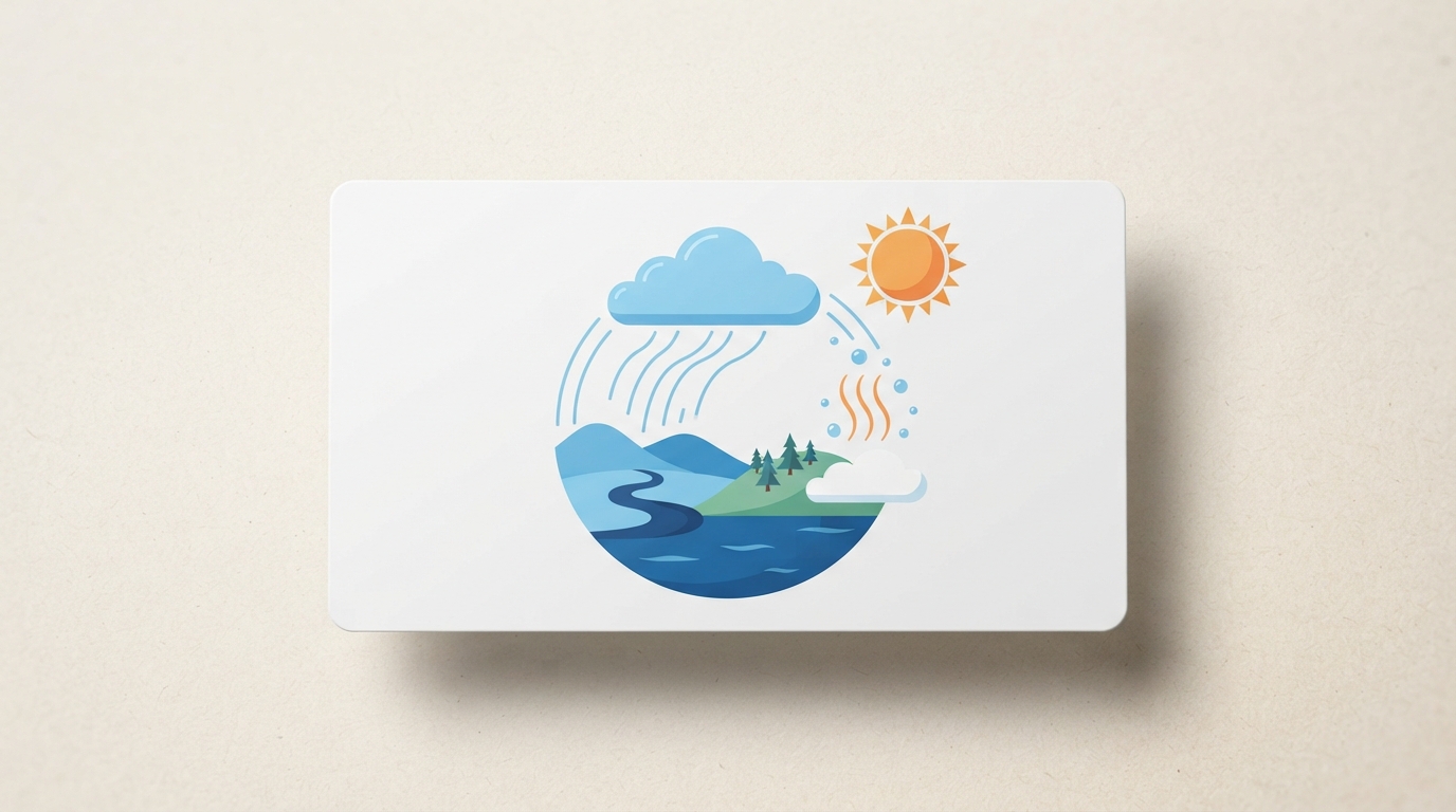 A gorgeous modern classroom presentation slide floating with a soft shadow, showing a clean contemporary water-cycle diagram illustration with sun, cloud and rain icons.