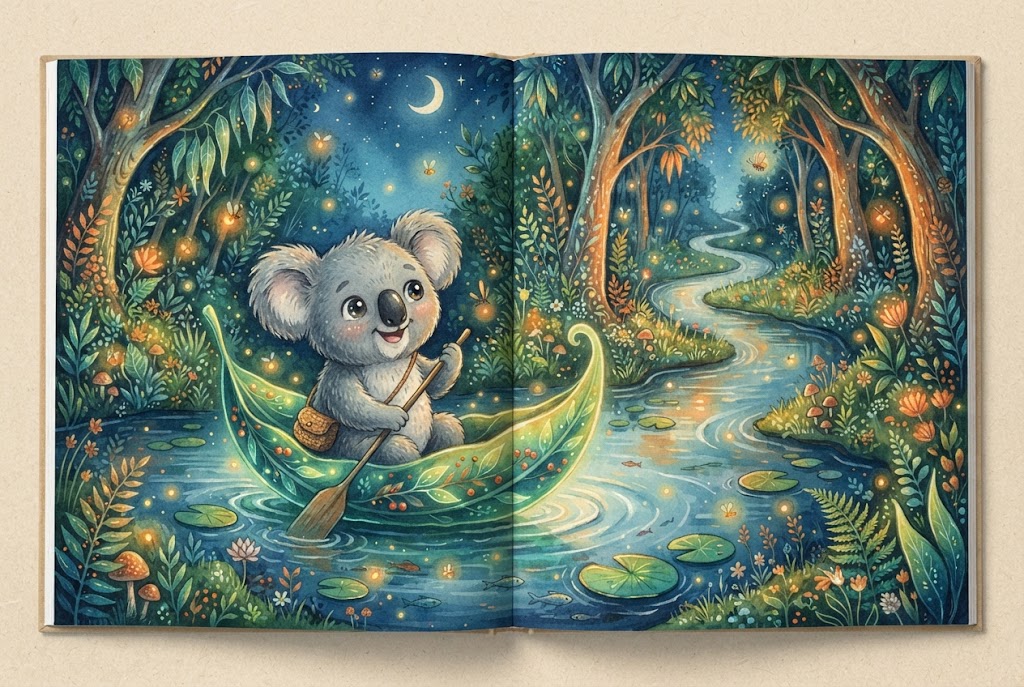 A breathtaking storybook double-page spread of a lovable koala paddling a glowing leaf-boat down a firefly-lit stream at night, rendered in rich premium children's-publishing illustration style.