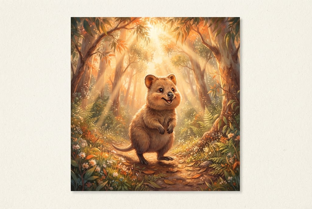 A joyful illustrated quokka character adventuring through a sunlit forest, the kind of storybook scene a teacher could generate for their class in minutes.